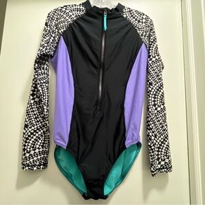 Speedo One Piece Long Sleeve Swimsuit w/Waterproof Front Zipper, Size Large